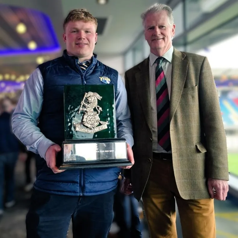 Leeds Tykes captain, Adam Brown, with the Yorkshire Regiment Trophy